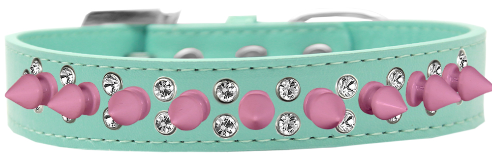Double Crystal and Light Pink Spikes Dog Collar Aqua Size 12